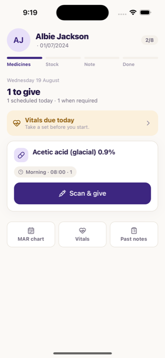 A vitals-due prompt above the medicines on a resident's round screen.